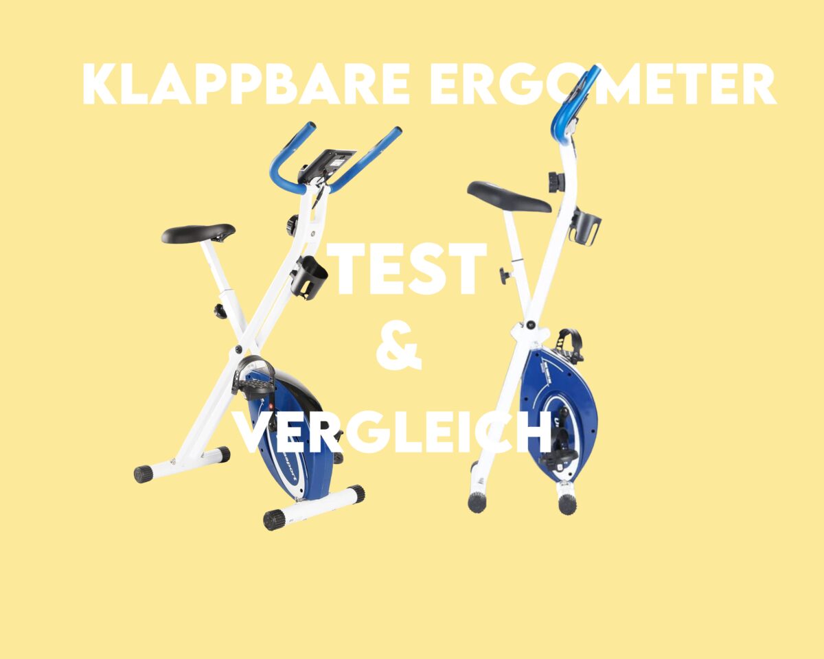 Illustration von einem klappbaren Ergometer. Einer ist im offenen Zustand, der zweite Ergometer ist im geklappten Zustand